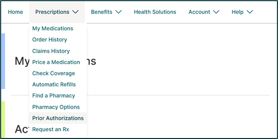 Online Account menu highlighting Prior Authorizations