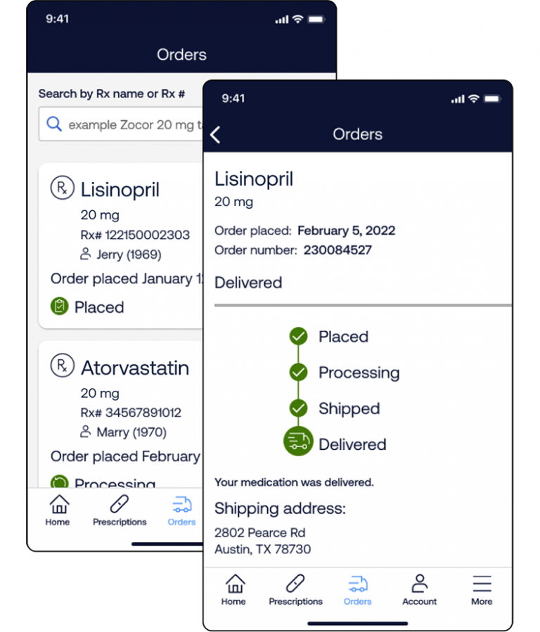 The Express Scripts Pharmacy Mobile app details an order for Lisinopril from when the order was placed through delivery.
