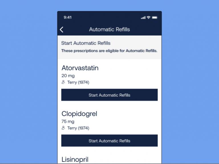 The Automatic Refills mobile app page shows the option to start automatic refills for prescriptions for Atorvastatin, Clopidogrel, and Lisinopril.