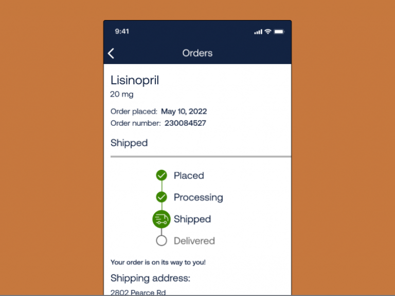 The track orders page on the Express Scripts mobile app shows the date the order was placed, as well as the order number, shipping status, and other tracking information.