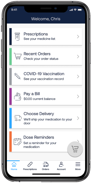 The Express-Scripts mobile app features a comprehensive dashboard where patients can review prescriptions, recent orders, COVID-19 vaccination, pay a bill, choose delivery, and set dose reminders.